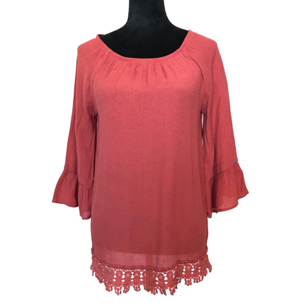 Gauze Peasant Blouse, Bell Sleeves Crocheted Lace VTG DB established 1962 Rust M